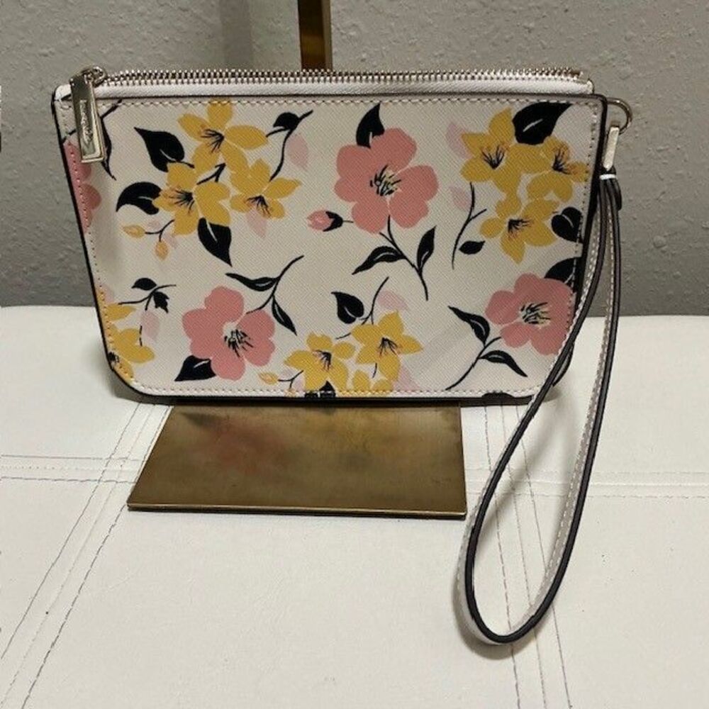 Kate Spade White Floral Zip Top Wristlet Outside Pocket - Picture 2 of 7